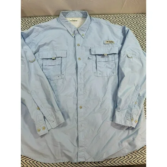 Columbia Mens 2X Omni-Shade Button-Up Long-Sleeve Fishing Shirt Light Blue - Picture 2 of 9